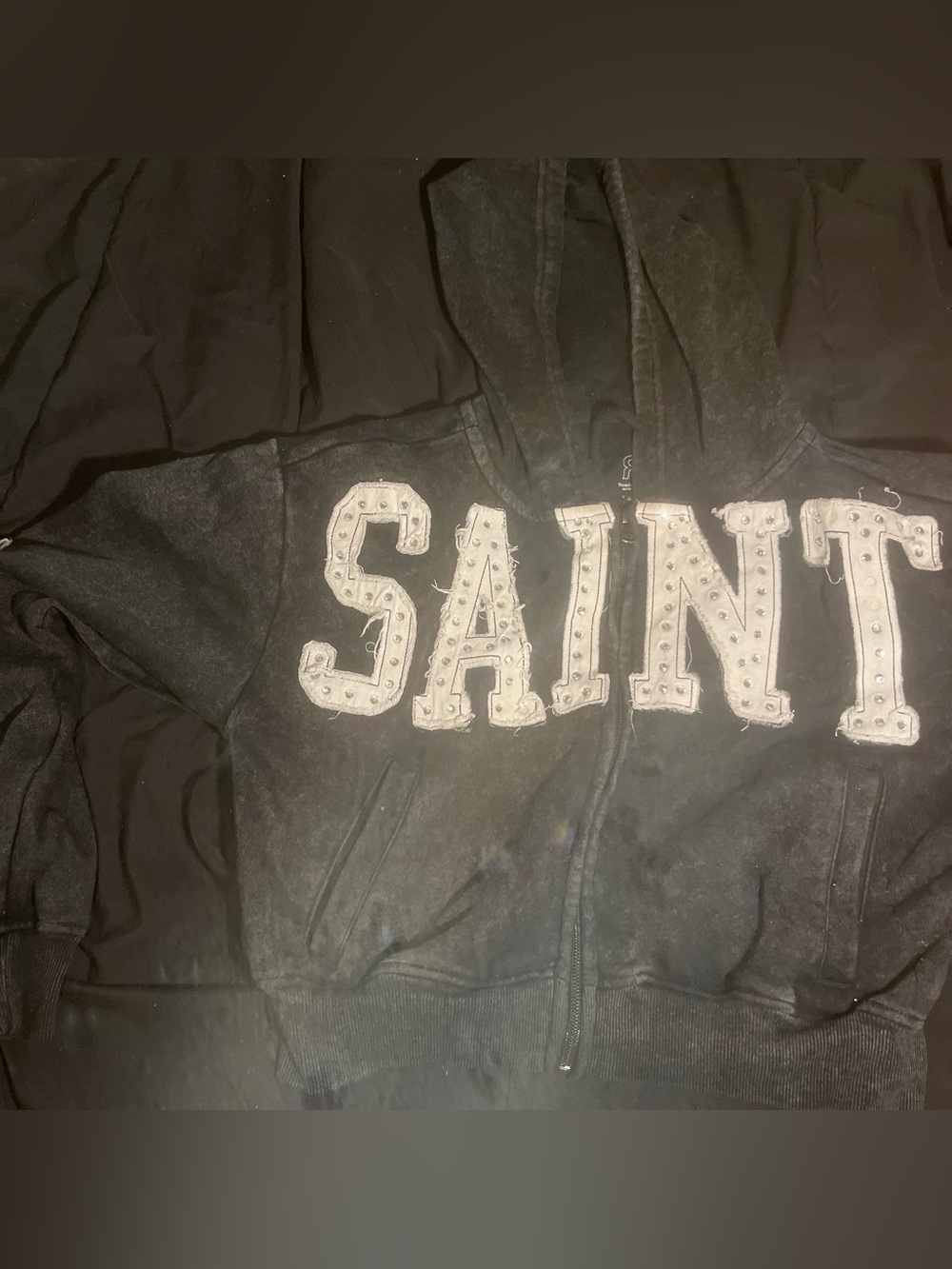 AllSaints Black Zip Hoodie with Studded SAINT Appliqué